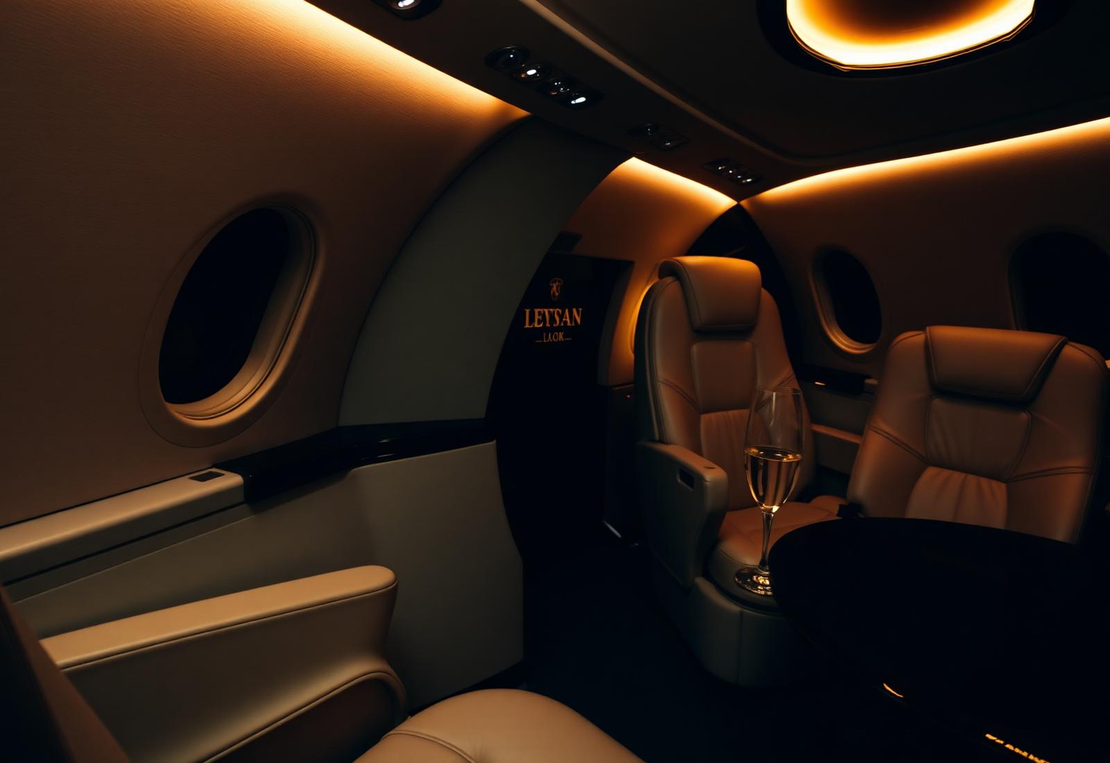 Interior of a private jet cabin with warm ambient lighting