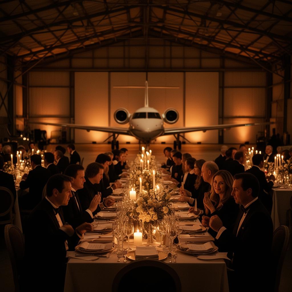 Private candlelit gala dinner inside an aviation hangar with a jet in the background